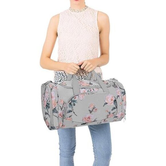 Gray Floral Print Sports Travel Tote Weekender Duffle Gym‎ Bag Crossbody Purse - Picture 1 of 6
